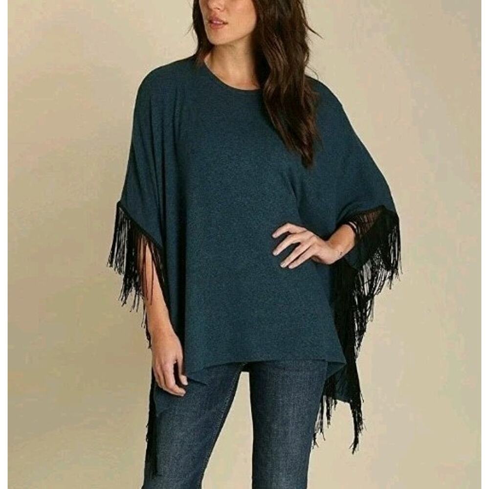 Wrangler Fringe Poncho Womens M Heathered Turquoise Black Fringe Western Cowgirl